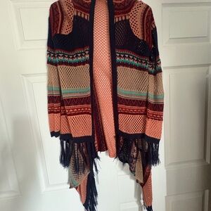 Boho Open-Front Fringe Knit Cardigan Sweater - Peach Multicolor